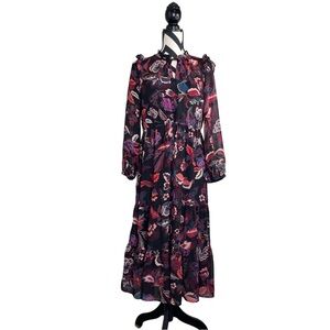 Maia Dark Floral Boho Ruffle Sheer Long-Sleeve Midi Dress Sz 4